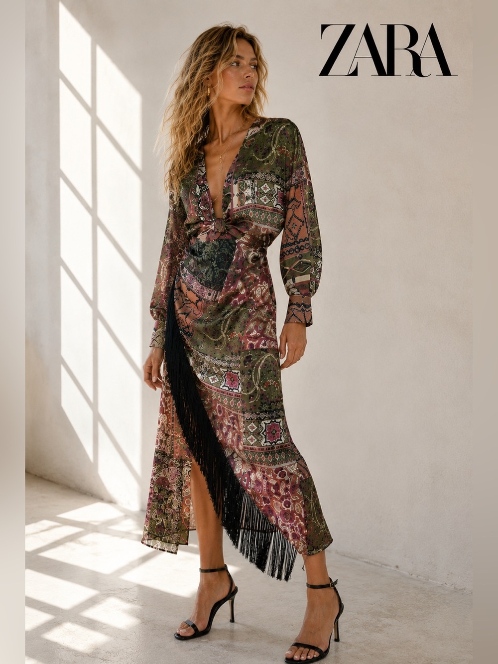 ZARA Morocco Boho Patchwork Fringe Wrap Dress Side Zip Midi Ruched EUC Size M